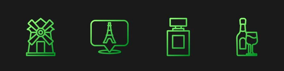 Set line Perfume, Windmill, Eiffel tower and Wine bottle with glass. Gradient Illustration
