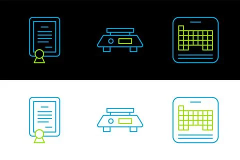 Set line Periodic table, Certificate template and Electronic scales icon. V.. Stock Illustration