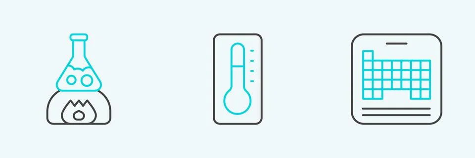 Set line Periodic table, Test tube flask on fire and Medical thermometer ic.. Stock Illustration