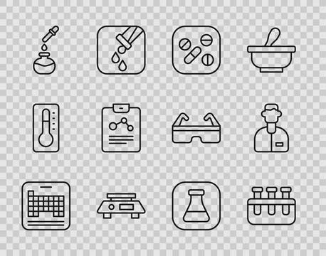 Set line Periodic table, Test tube and flask, Medicine pill or tablet, Elec.. Stock Illustration