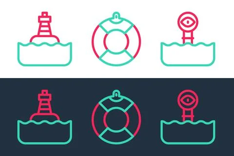 Set line Periscope, Floating buoy and Lifebuoy icon. Vector Stock Illustration