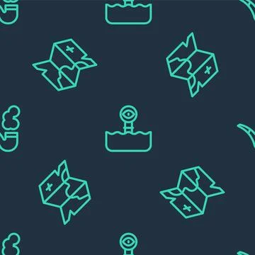 Set line Periscope, Pirate treasure map and Smoking pipe on seamless pattern Stock Illustration