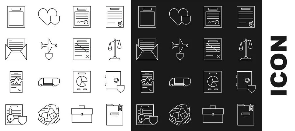 Set line Personal folder, Safe with shield, Scales of justice, Filled form,.. Stock Illustration