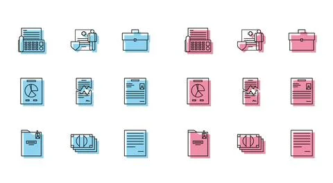 Set line Personal folder, Stacks paper money cash, Fax machine, Document, Torn Illustrazione stock