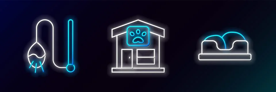 Set line Pet bed, cat toy and grooming icon. Glowing neon. Vector Stock Illustration