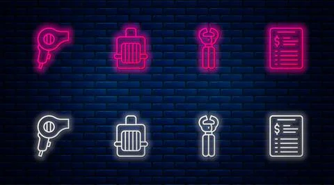 Set line Pet carry case, nail clippers, Hair dryer and Grooming salon price list Stock Illustration