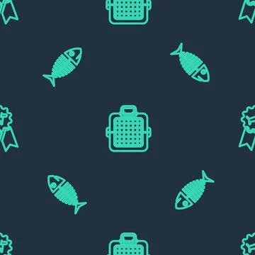 Set line Pet carry case, Fish skeleton and Dog award symbol on seamless pattern Stock Illustration