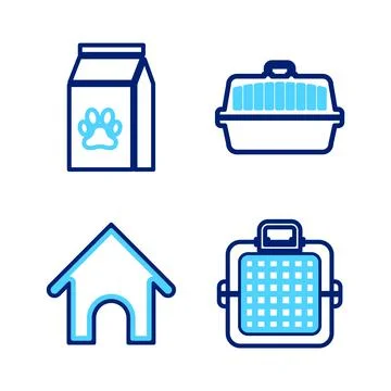 Set line Pet carry case, Dog house, and Bag of food for pet icon. Vector Illustration