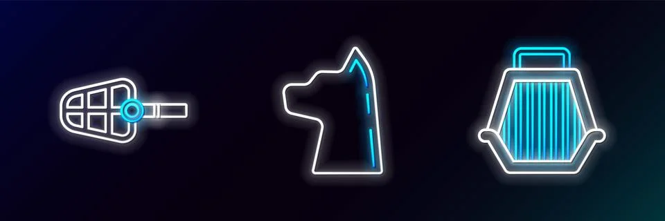 Set line Pet carry case, Dog muzzle and Cat icon. Glowing neon. Vector Illustrazione stock