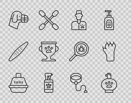 Set line Pet carry case, shampoo, Veterinarian doctor, Dog muzzle, award, R.. Stock-Illustration