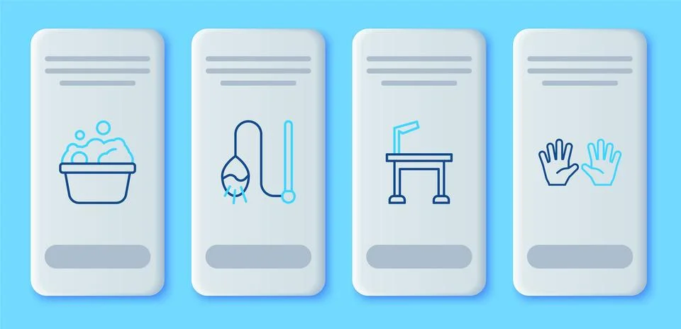 Set line Pet cat toy, grooming table, Pets bath and Medical rubber gloves icon Stock Illustration