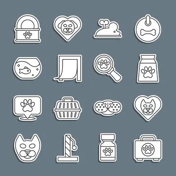 Set line Pet first aid kit, Heart with cat, Bag of food for pet, Clockwork mouse Illustrazione stock
