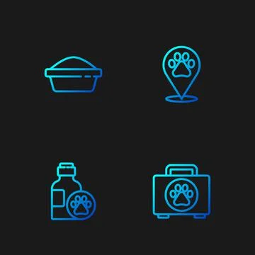 Set line Pet first aid kit, shampoo, food bowl and Location veterinary. Gradient Stock Illustration