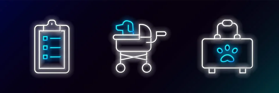 Set line Pet first aid kit, Grooming salon price list and stroller icon. Gl.. Stock Illustration