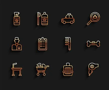 Set line Pet grooming table, stroller, shampoo, carry case, Hair dryer, Gro.. Stock Illustration