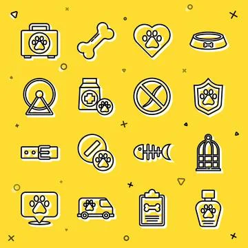 Set line Pet shampoo, Cage for birds, Animal health insurance, Heart with イラスト素材