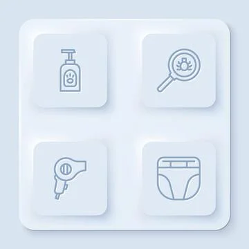 Set line Pet shampoo, Flea search, Hair dryer and Diaper for dog. White square イラスト素材