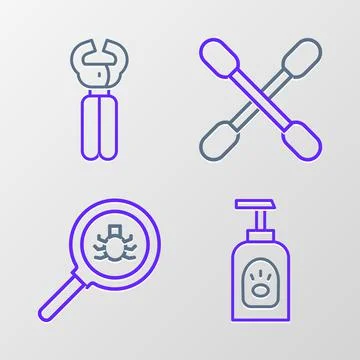 Set line Pet shampoo, Flea search, Cotton swab for ears and nail clippers ico Stock Illustration
