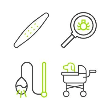 Set line Pet stroller, cat toy, Flea search and Nail file pet icon. Vector Stock Illustration