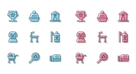 Set line Pet stroller, Flea search, award, Towel stack, grooming table, Dental Stock Illustration