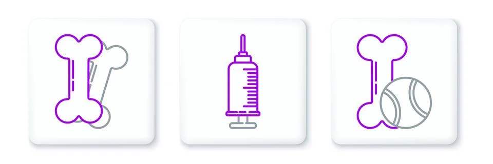 Set line Pet toys bone rubber and ball, Dog and Syringe with pet vaccine ic.. Stock Illustration