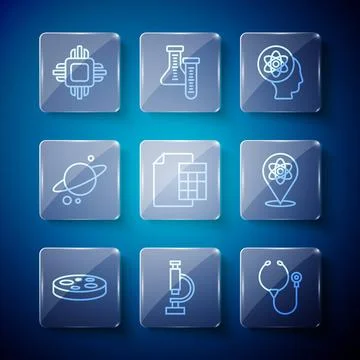 Set line Petri dish with bacteria, Microscope, Stethoscope, Atom, Calculato.. Stock Illustration