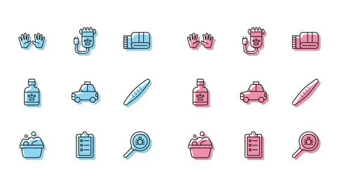 Set line Pets bath, Grooming salon price list, Medical rubber gloves, Flea .. 스톡 일러스트