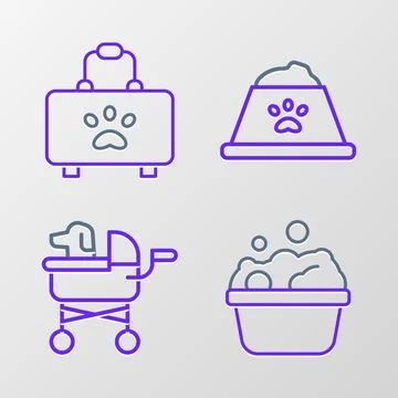 Set line Pets bath, stroller, food bowl and first aid kit icon. Vector Stock Illustration