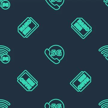 Set line Phone with 5G network, Nano Sim Card and on seamless pattern. Vector イラスト素材