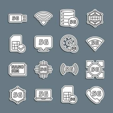 Set line Phone with 5G network, Server, Location, Sim card, modem and Digital Stock Illustration