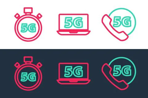 Set line Phone with 5G network, Digital speed meter and Laptop icon. Vector 스톡 일러스트