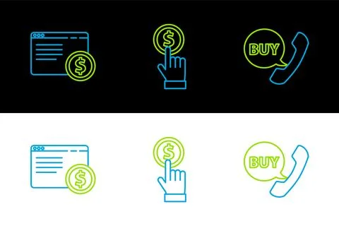 Set line Phone and speech bubble with Buy, Online shopping screen and Hand .. Stock Illustration