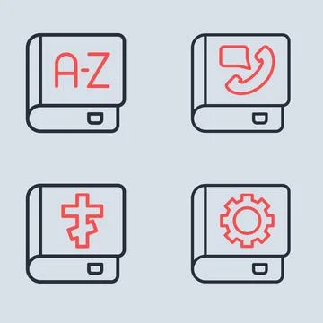 Set line Phone book, Holy bible, User manual and Translator icon. Vector Stock Illustration