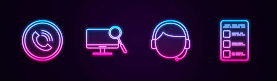 Set line Phone call, Computer monitor diagnostics, Man with headset and Create イラスト素材