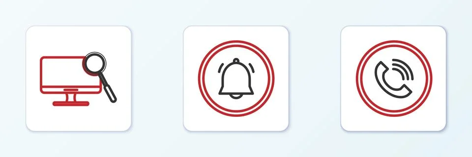 Set line Phone call, Computer monitor diagnostics and Button chat notification Stock Illustration