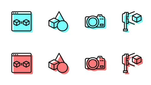 Set line Photo camera, 3D printer perfect copy, Basic geometric shapes and 스톡 일러스트