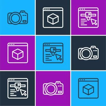 Set line Photo camera, 3D printer setting and icon. Vector Illustrazione stock