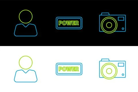 Set line Photo camera, Add friend and Power button icon. Vector Stock Illustration