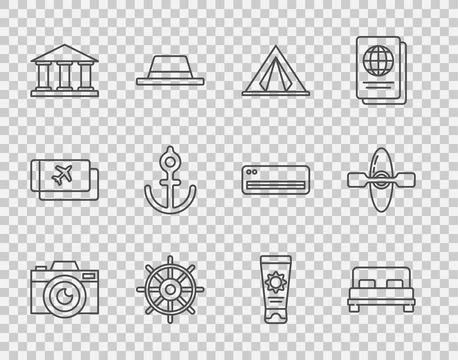 Set line Photo camera, Big bed, Tourist tent, Ship steering wheel, Museum b.. イラスト素材