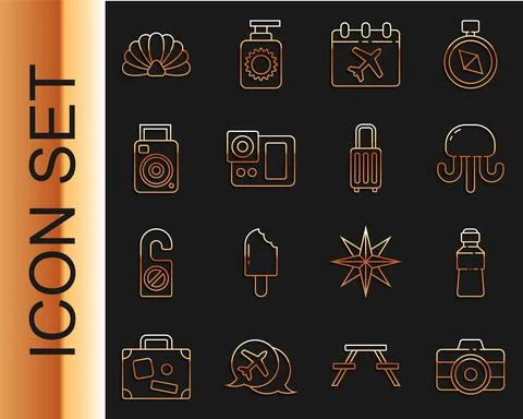 Set line Photo camera, Bottle of water, Jellyfish, Calendar and airplane 스톡 일러스트