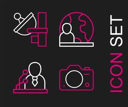 Set line Photo camera, Breaking news, World and Radar icon. Vector Stock Illustration