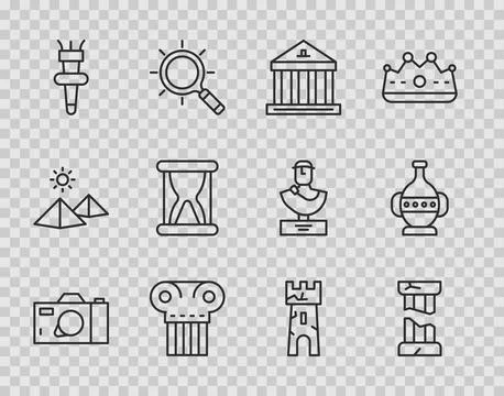 Set line Photo camera, Broken ancient column, Museum building, Ancient, Torch Ilustración de archivo
