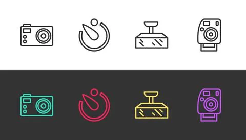 Set line Photo camera, Camera timer, Softbox light and on black and white Stock Illustration