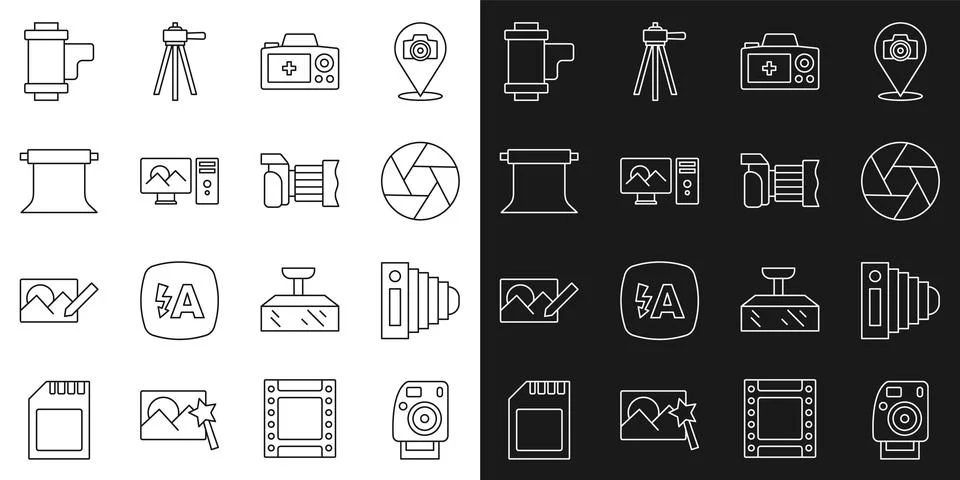 Set line Photo camera, Camera shutter, retouching, Empty photo studio, roll イラスト素材