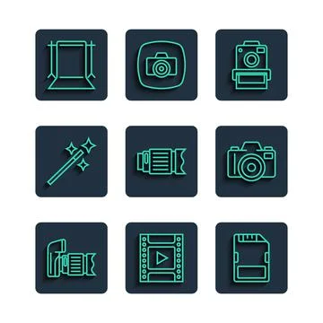 Set line Photo camera, Camera film roll cartridge, SD card, photo lens 库存插图