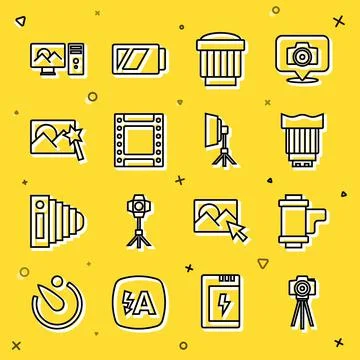 Set line Photo camera, Camera roll cartridge, photo lens, retouching, and 库存插图
