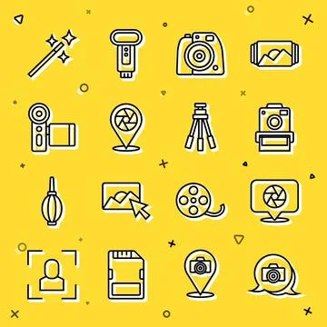 Set line Photo camera, Camera shutter, Cinema, retouching and Tripod icon Stock Illustration