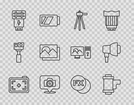 Set line Photo camera, Camera roll cartridge, Tripod, flash, frame, fx and Stockillustratie