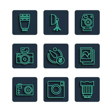 Set line Photo camera, Camera photo lens, timer, with flash,  and frame icon. Stock Illustration