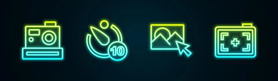 Set line Photo camera, Camera timer, retouching and . Glowing neon icon. Vect 스톡 일러스트
